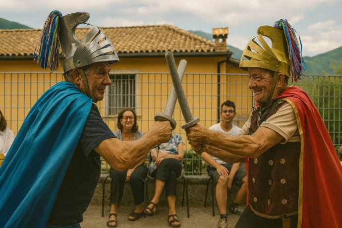 Due maggianti in costume si affrontano con spade finte; pubblico seduto sullo sfondo.