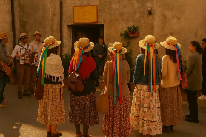 Ottava rima in Maremma: donne in costume ascoltano chitarra e fisarmonica davanti a una taverna.