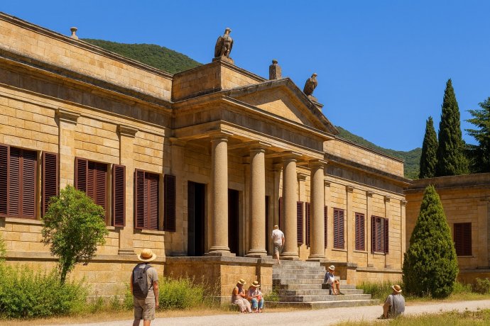 Villa di San Martino all’Elba: facciata neoclassica con colonne, statue d’aquila e visitatori.