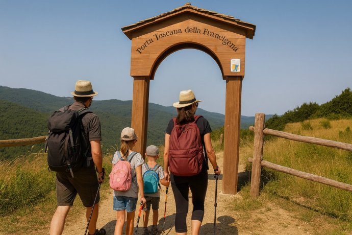 Famiglia cammina sotto l’arco “Porta Toscana della Francigena” su sentiero collinare toscano.