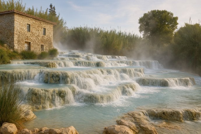 Cascate del Mulino a Saturnia: vasche termali turchesi e mulino in pietra con vapore.