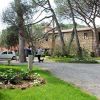 Strada sterrata con area giardino fiorita, due persone e un edificio in pietra tra gli alberi.