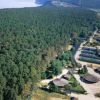 Vista aerea di una foresta con un villaggio e strade vicino alla costa.