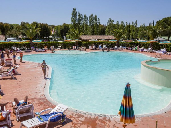 Piscina con sdraio e ombrelloni, circondata da palme.