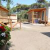 Due bungalow in legno su sabbia, circondati da recinzioni di legno e piante verdi.